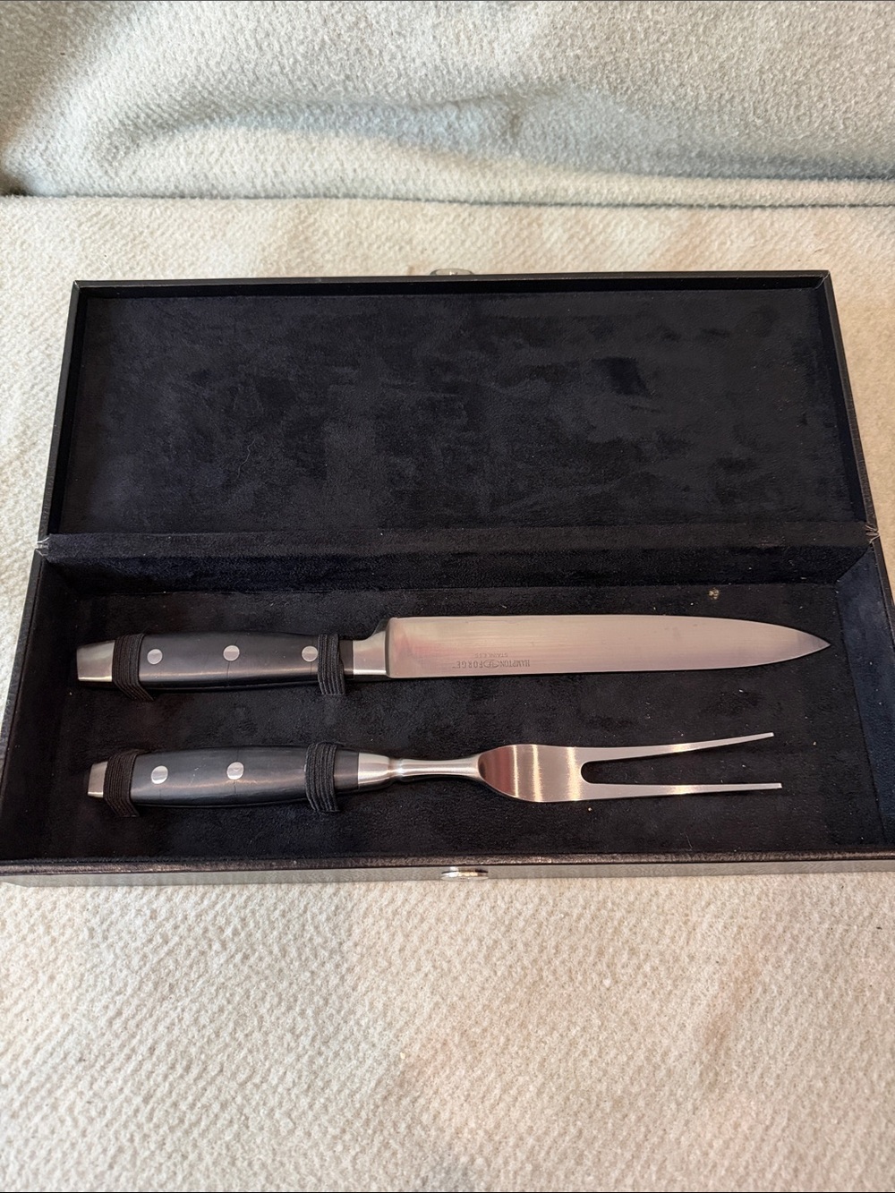 Hampton Forge Premium Carving Knife and Fork Set - Black Handle w/case